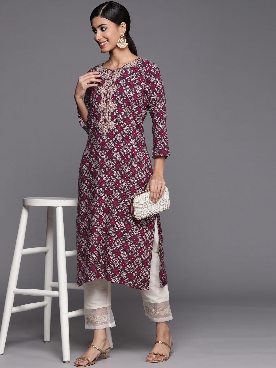 voilet bandhani printed kurta with embroidred yoke - Indiakreations