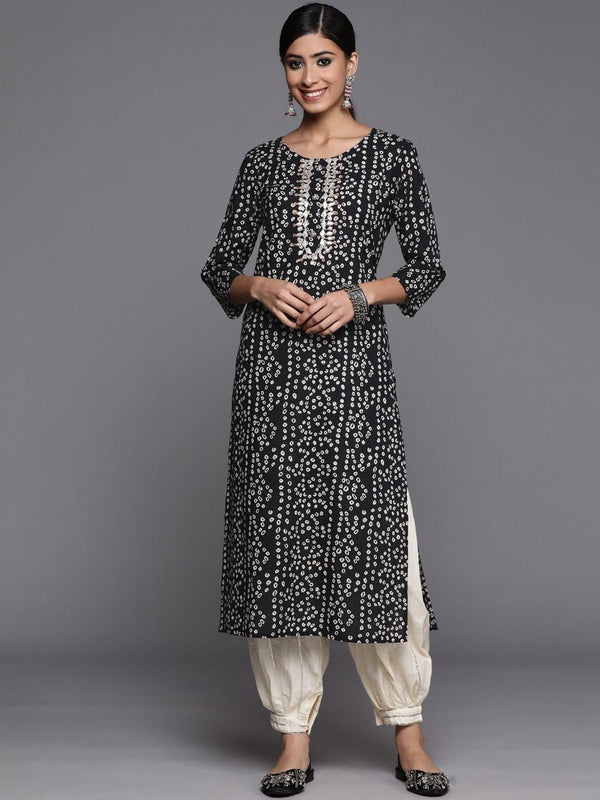 Black printed cotton kurta wity embroidered yoke - Indiakreations