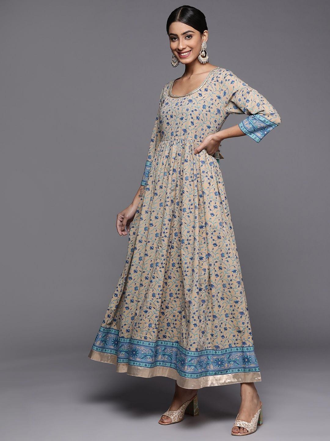 beige and blue floral printed anarkali kurta with chiffon dupatta - Indiakreations