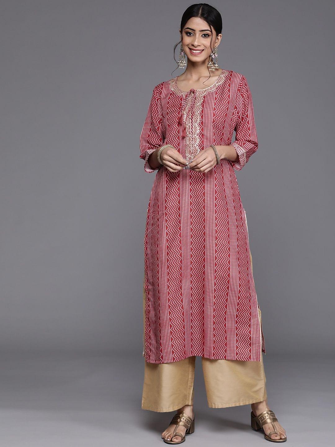 Women Red & Beige Bandhani Printed Indie Prints Kurta - Indiakreations