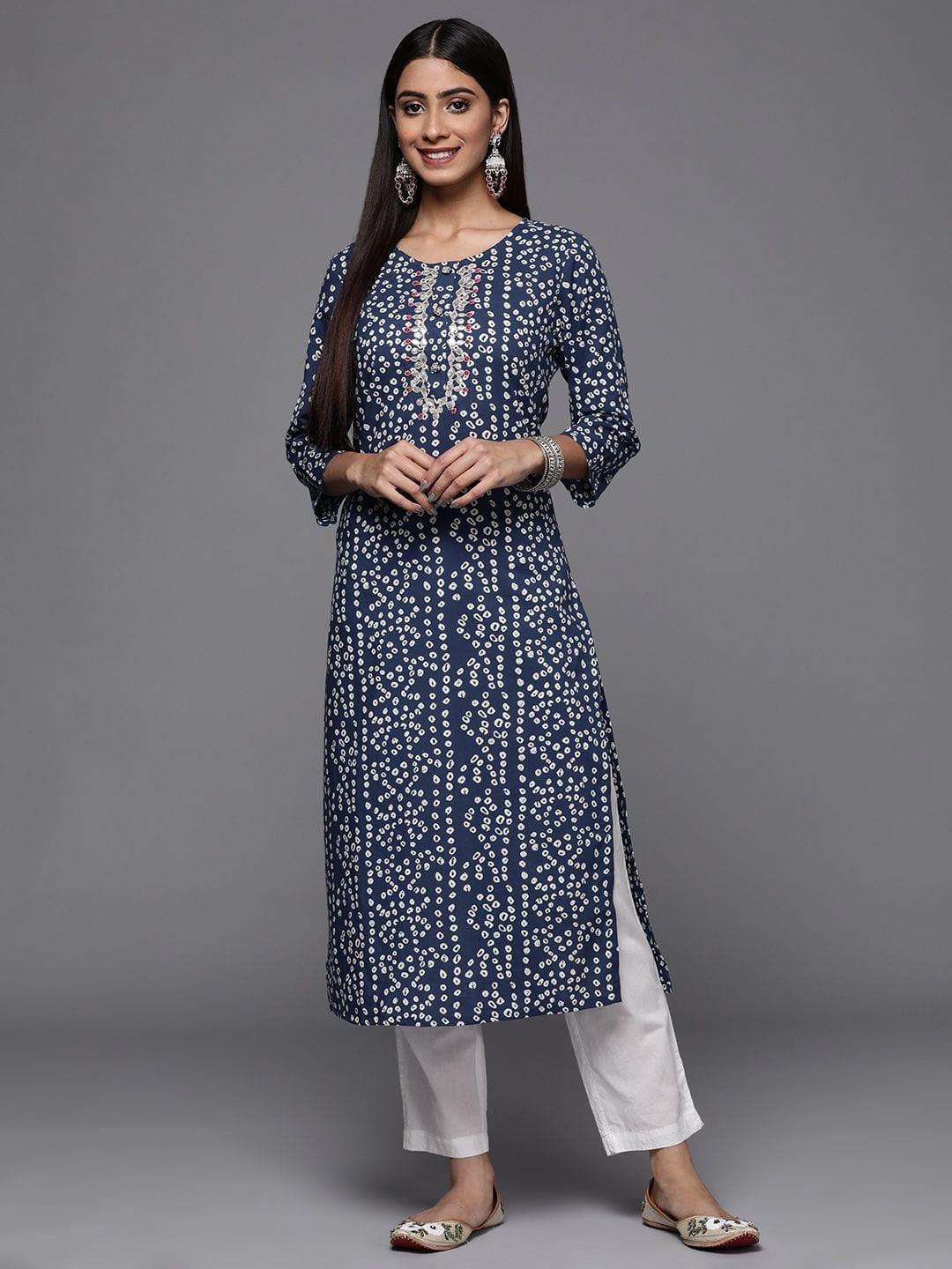 Blue Bandhani Print Embroidered Kurta Has Round Neck - Indiakreations