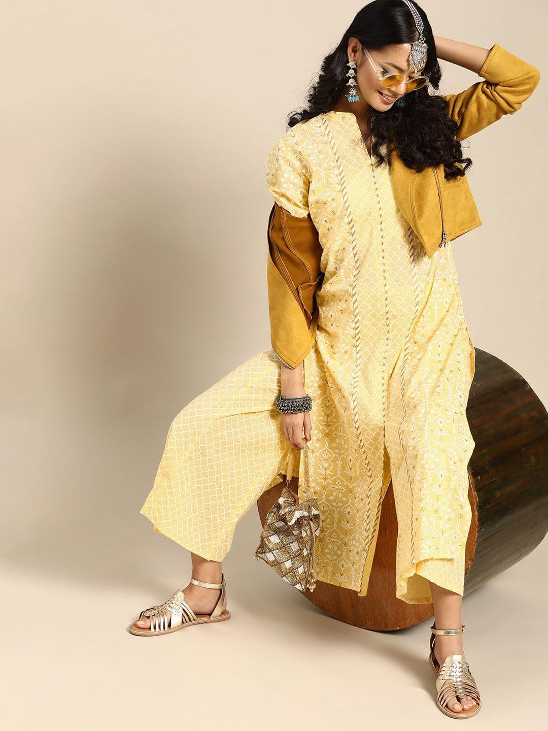 Varanga Women Yellow & White Printed Pure Cotton Kurta with Palazzos - Indiakreations