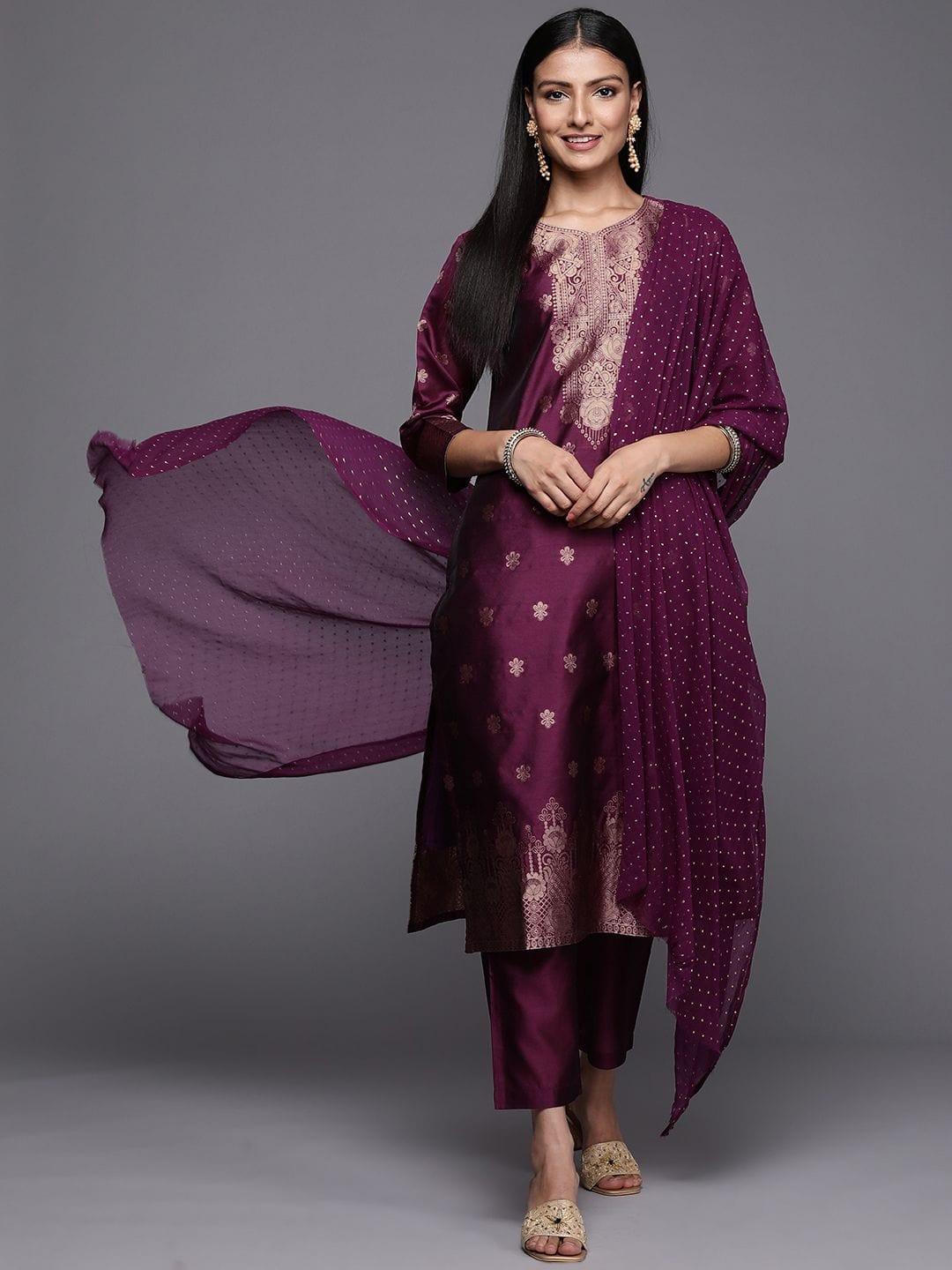 Varanga purple brocade kurta paired with straight trouser and chiffon dupatta - Indiakreations