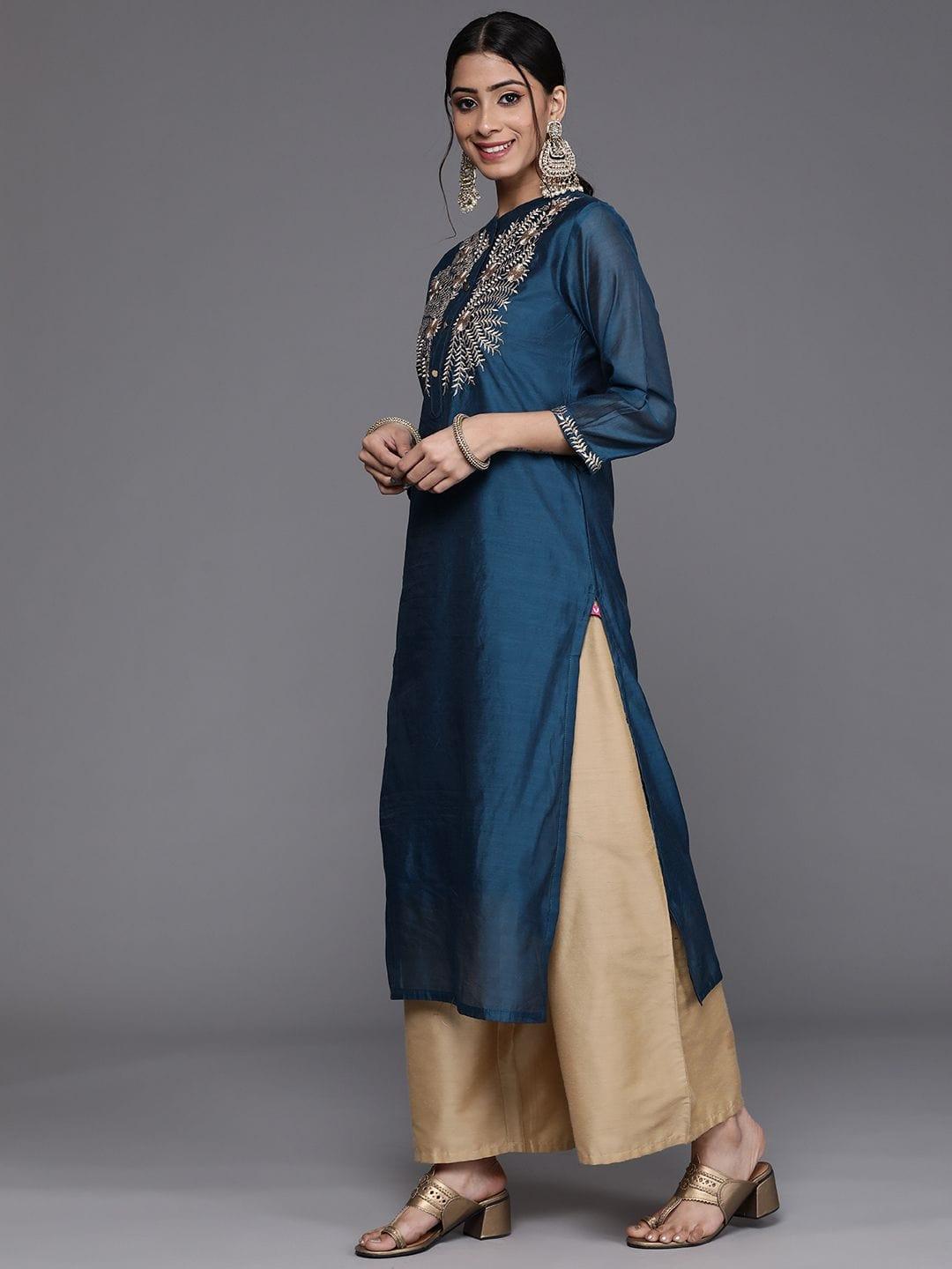 Women Teal Blue & Silver Embroidered Yoke Design Straight Kurta - Indiakreations