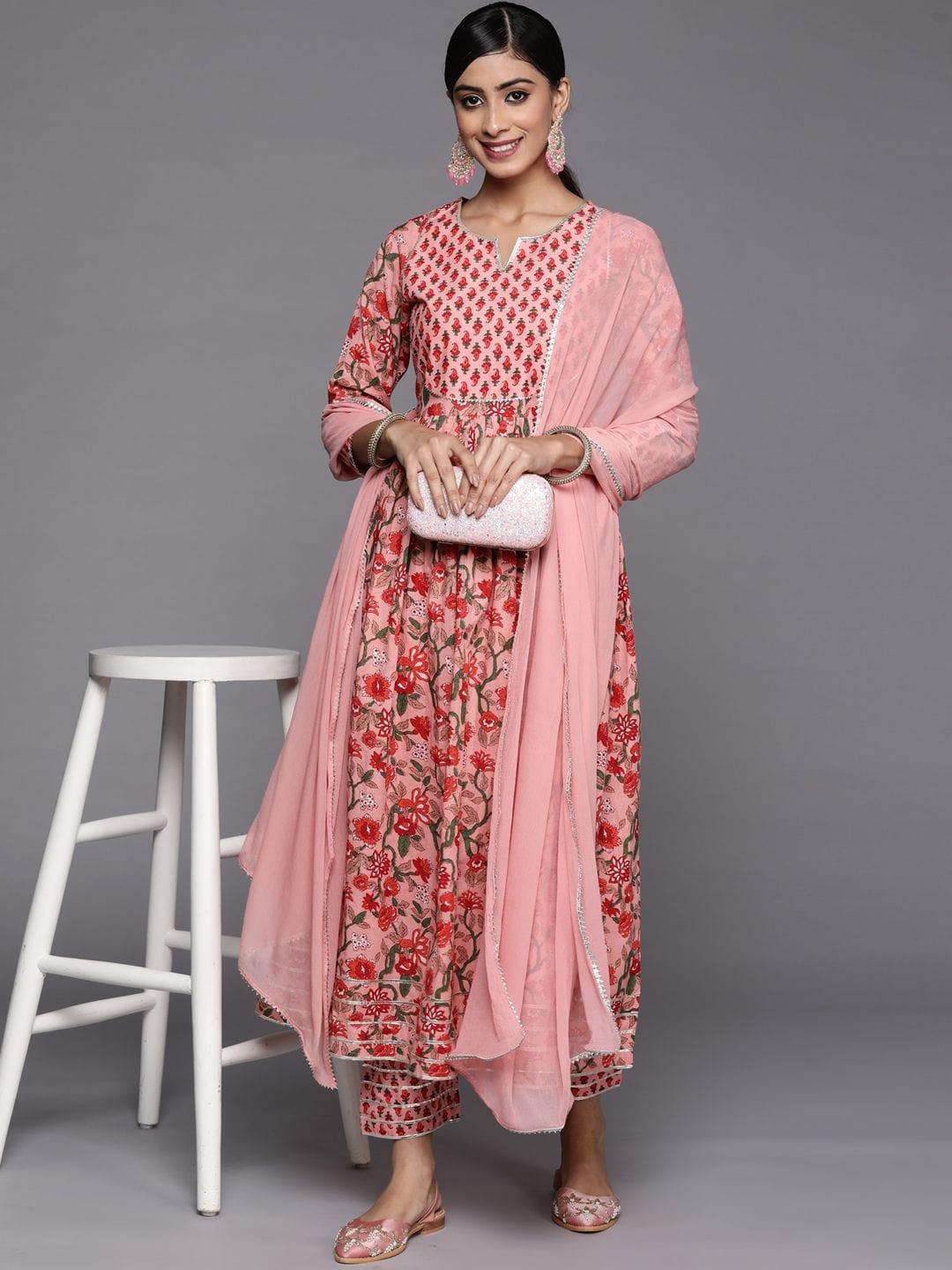 Varanga peach floral kurta with printed bottom and tonal chiffon dupatta - Indiakreations