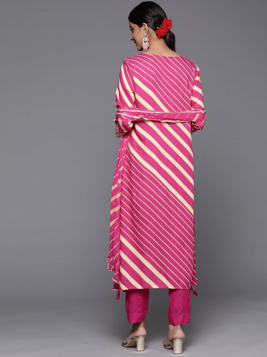 Varanga fuchsia leheriya print kurta with straight pant and leheriya chiffon dupatta - Indiakreations