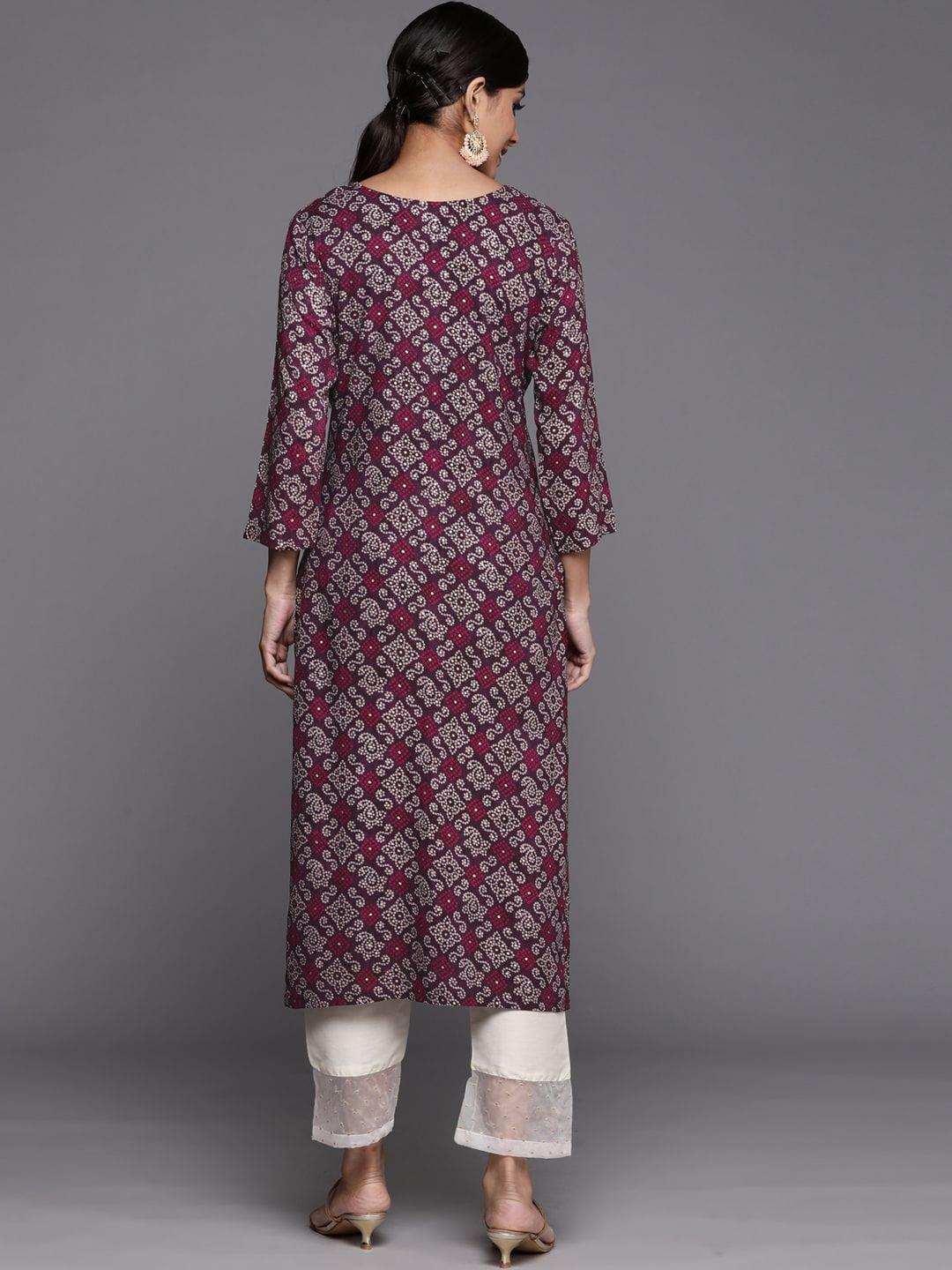 voilet bandhani printed kurta with embroidred yoke - Indiakreations