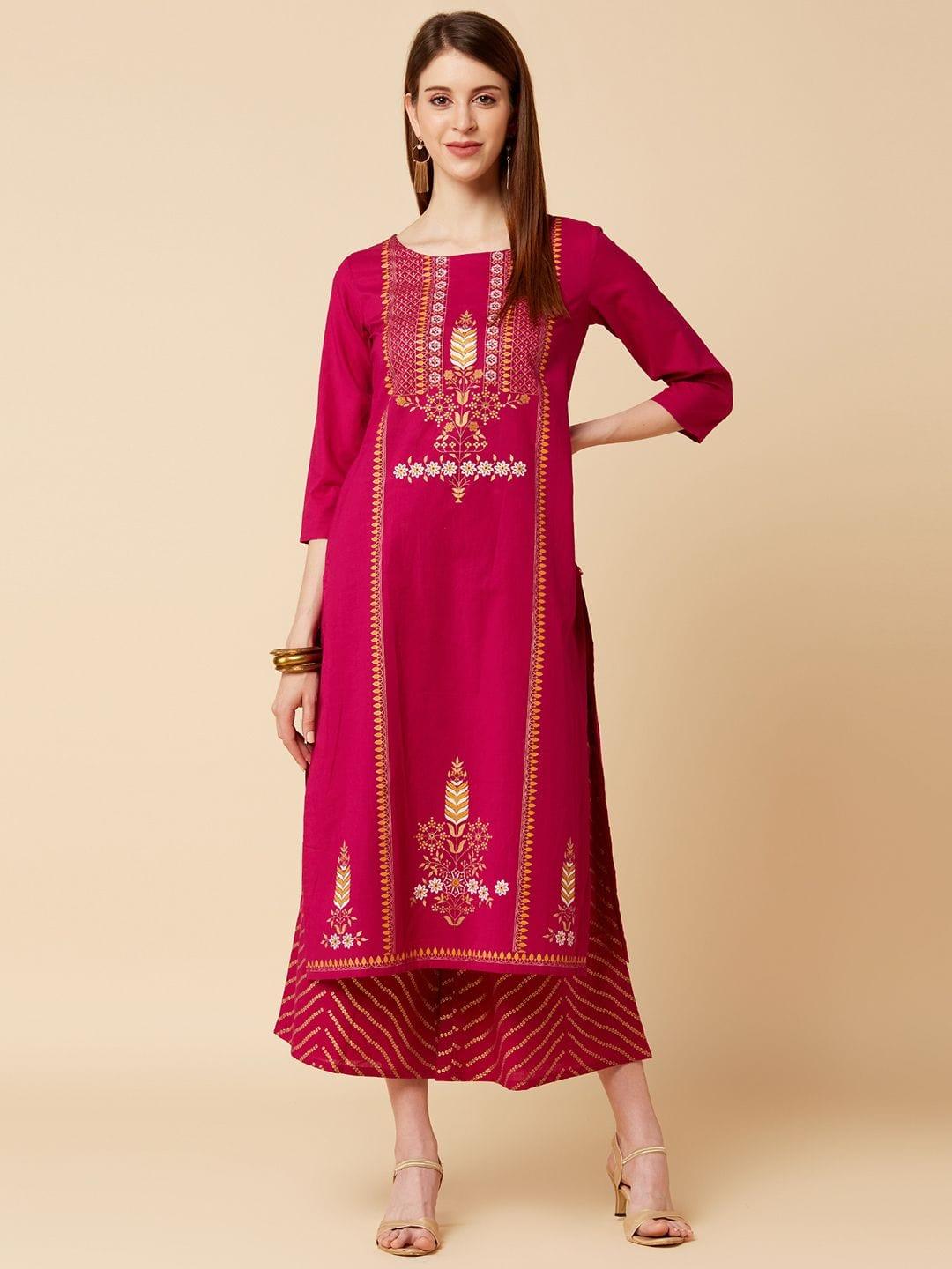 Varanga Women Magenta & Beige Printed Kurta with Palazzos - Indiakreations