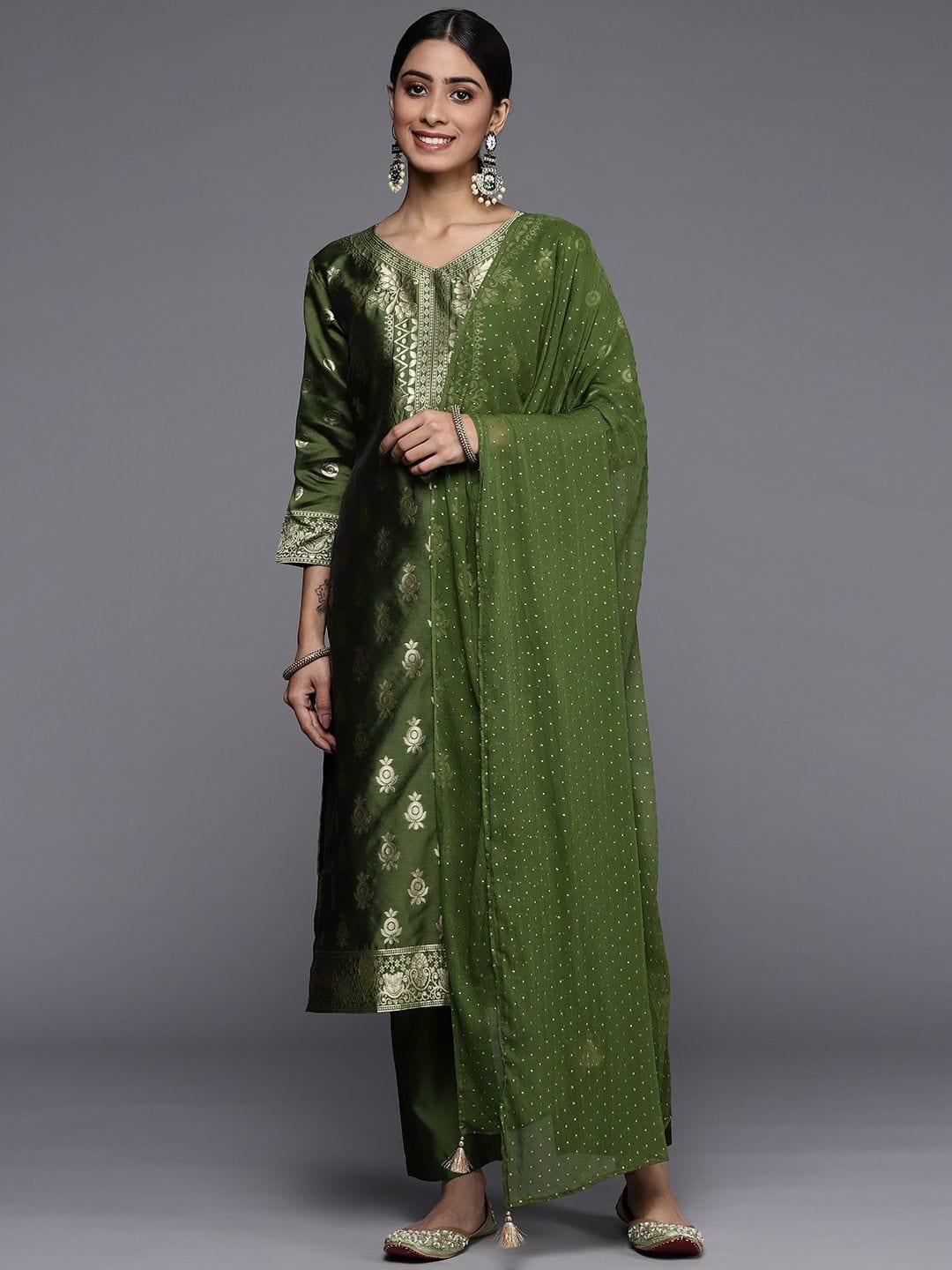 Varanga Women Olive Green Ethnic Motifs Kurta with Trousers & With Dupatta - Indiakreations