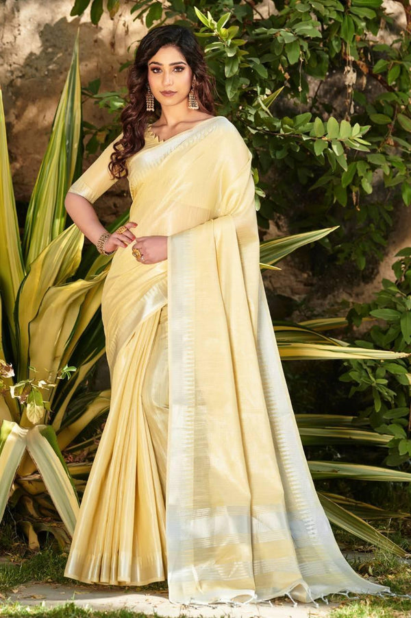 Pale Yellow Linen Tissue Silk Saree - Indiakreations