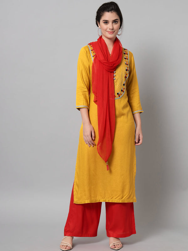 Women's Mustard Rayon Embroidered Kurta Trouser Set With Dupatta - Noz2Toz