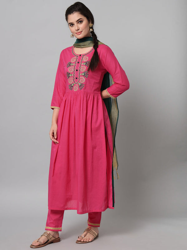 Women's Pink Embroidered Kurta Trouser Set With Dupatta - Noz2Toz