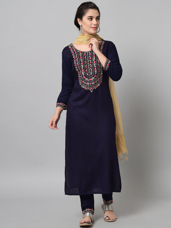 Women's Navy Kurta Trouser Set With Dupatta With Gold And Silver Embroidery - Noz2Toz