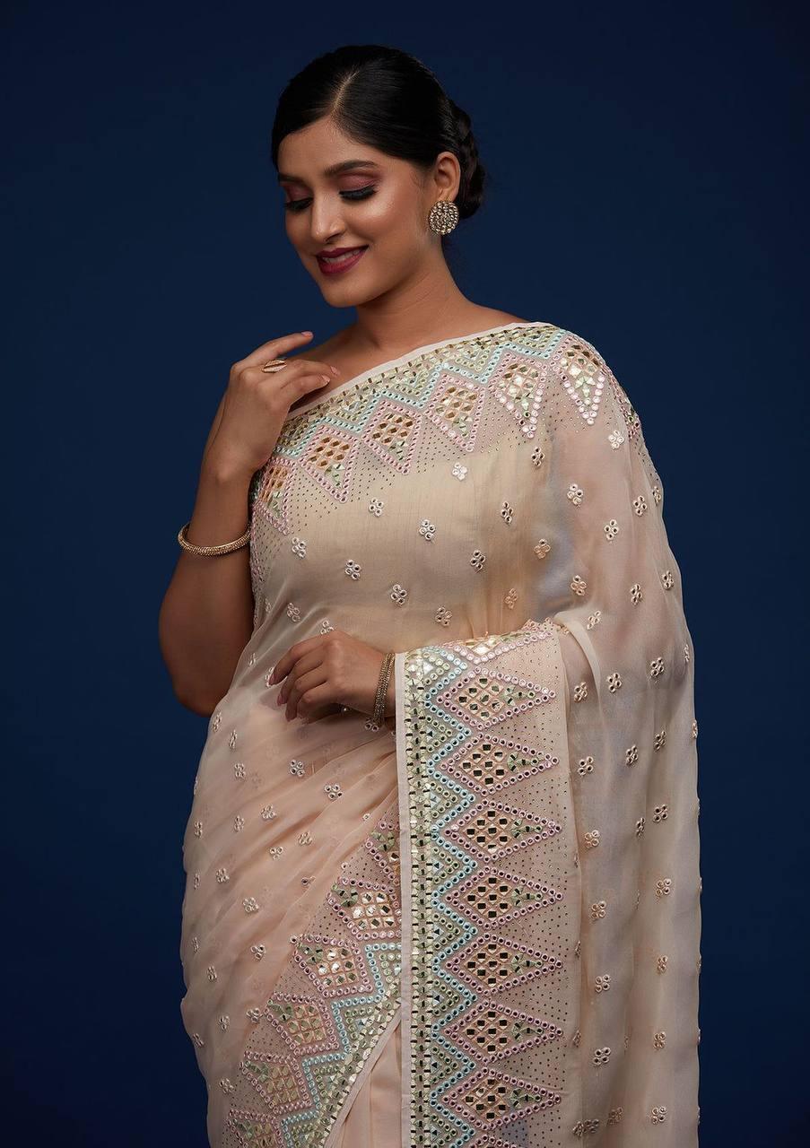 Pastel Peach Georgette Embroidery Saree - Indiakreations