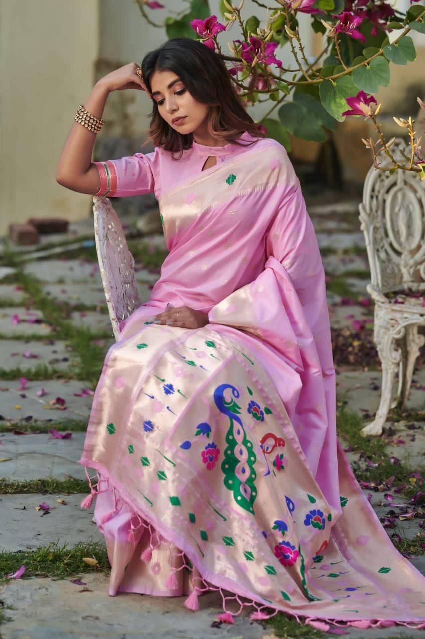 Pastel Purple Banarasi Silk Saree - Indiakreations