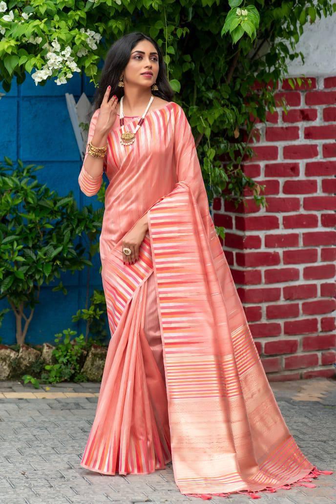 Pastel Red Tusser Silk Saree - Indiakreations