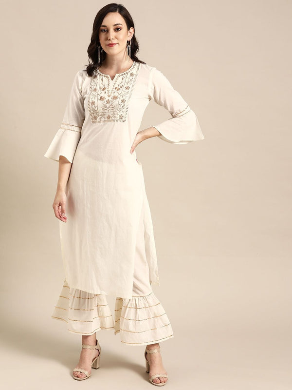 Women's Off-White Embroidered Kurta With Palazzos - Varanga