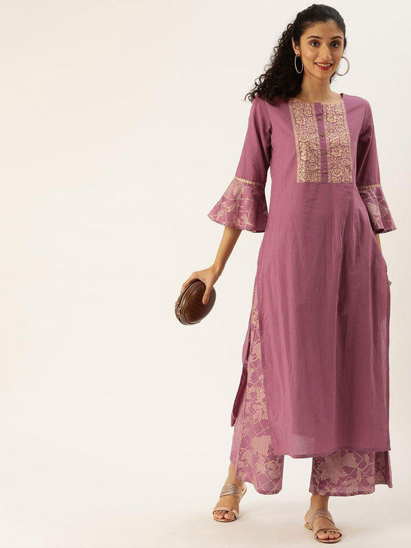 Mauve & Gold-Toned Printed Kurta With Palazzos - Indiakreations