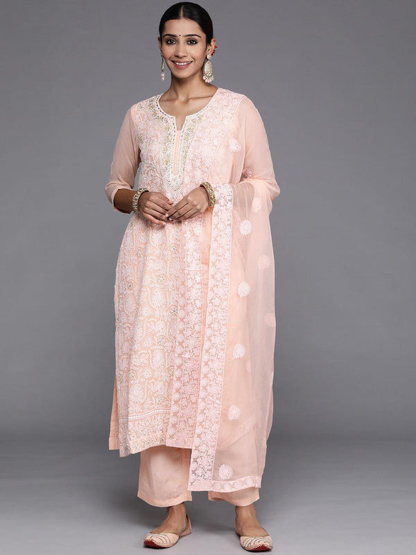 Peach Embroidered Georgette Straight Kurta With Trousers & Dupatta