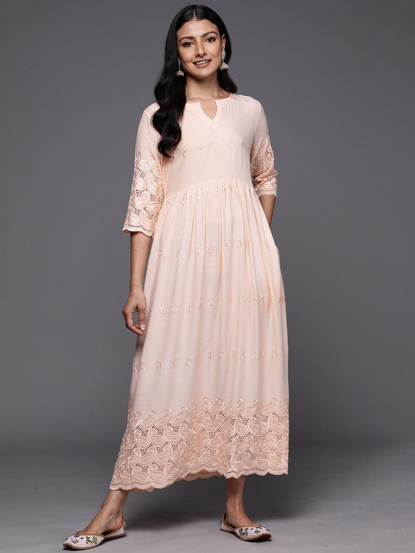 Peach Embroidered Rayon Fit and Flare Dress