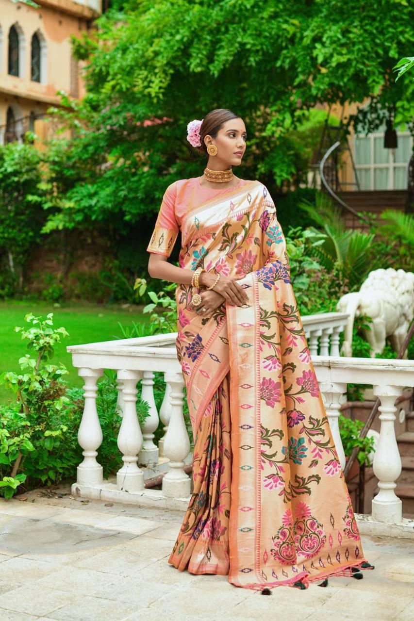 Peach Floral Banarasi Silk Saree - Indiakreations