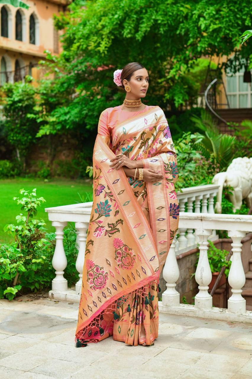 Peach Floral Banarasi Silk Saree - Indiakreations