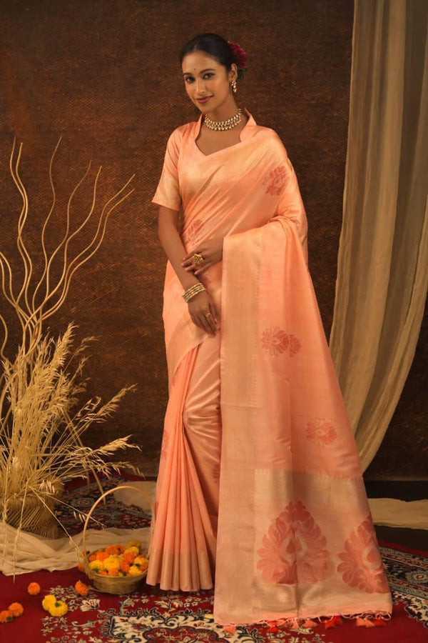 Peach Mulberry Silk Saree - Indiakreations