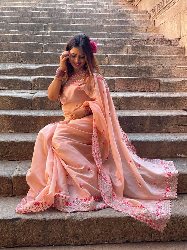 Peach Organza Embroidery Saree - Indiakreations