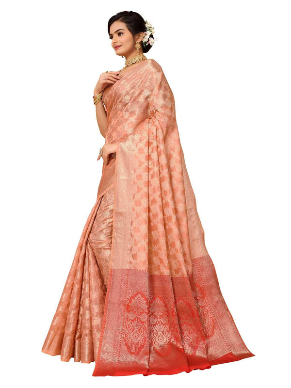 Women's Peach Organza Zari Woven Saree With Blouse - Odette