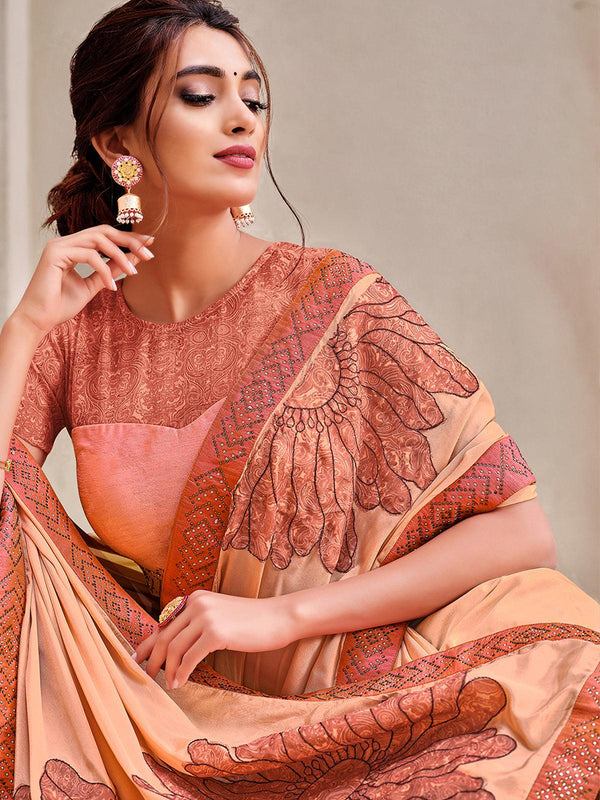 Women's Peach Silk Georgette Designer Saree With Blouse - Odette