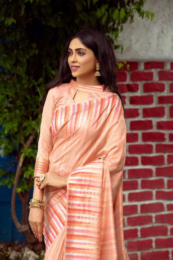 Peach Tusser Silk Saree - Indiakreations