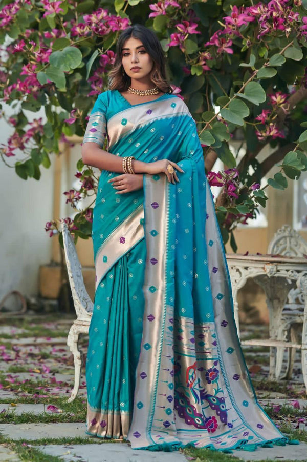 Peacock Blue Banarasi Silk Saree - Indiakreations