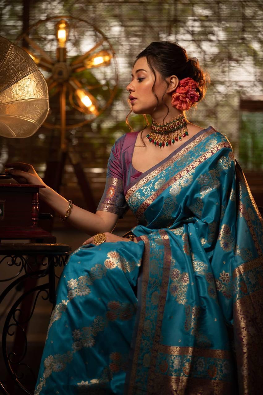 Peacock Blue Banarasi Silk Saree - Indiakreations