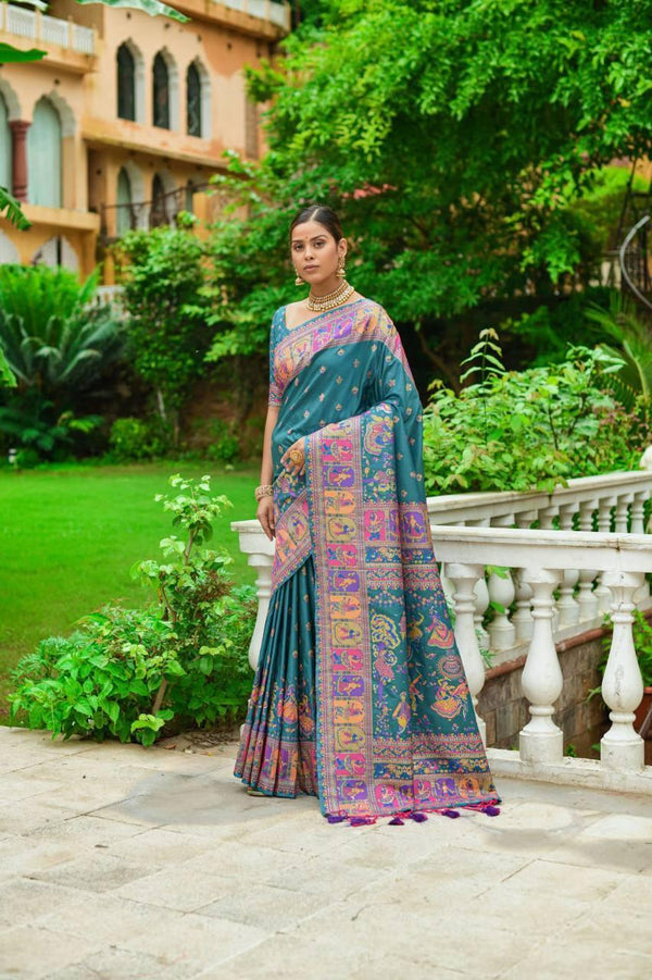 Peacock Blue Kashmiri Pashmina Silk Saree - Indiakreations