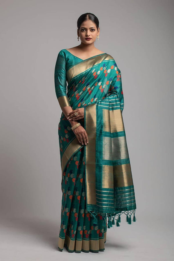 Peacock Green Paisley Kadampalli Tussar Silk Saree - Indiakreations