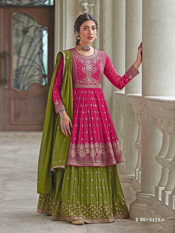 Pink And Olive Georgette Embroidery Anarkali With Dupatta Set - Indiakreations