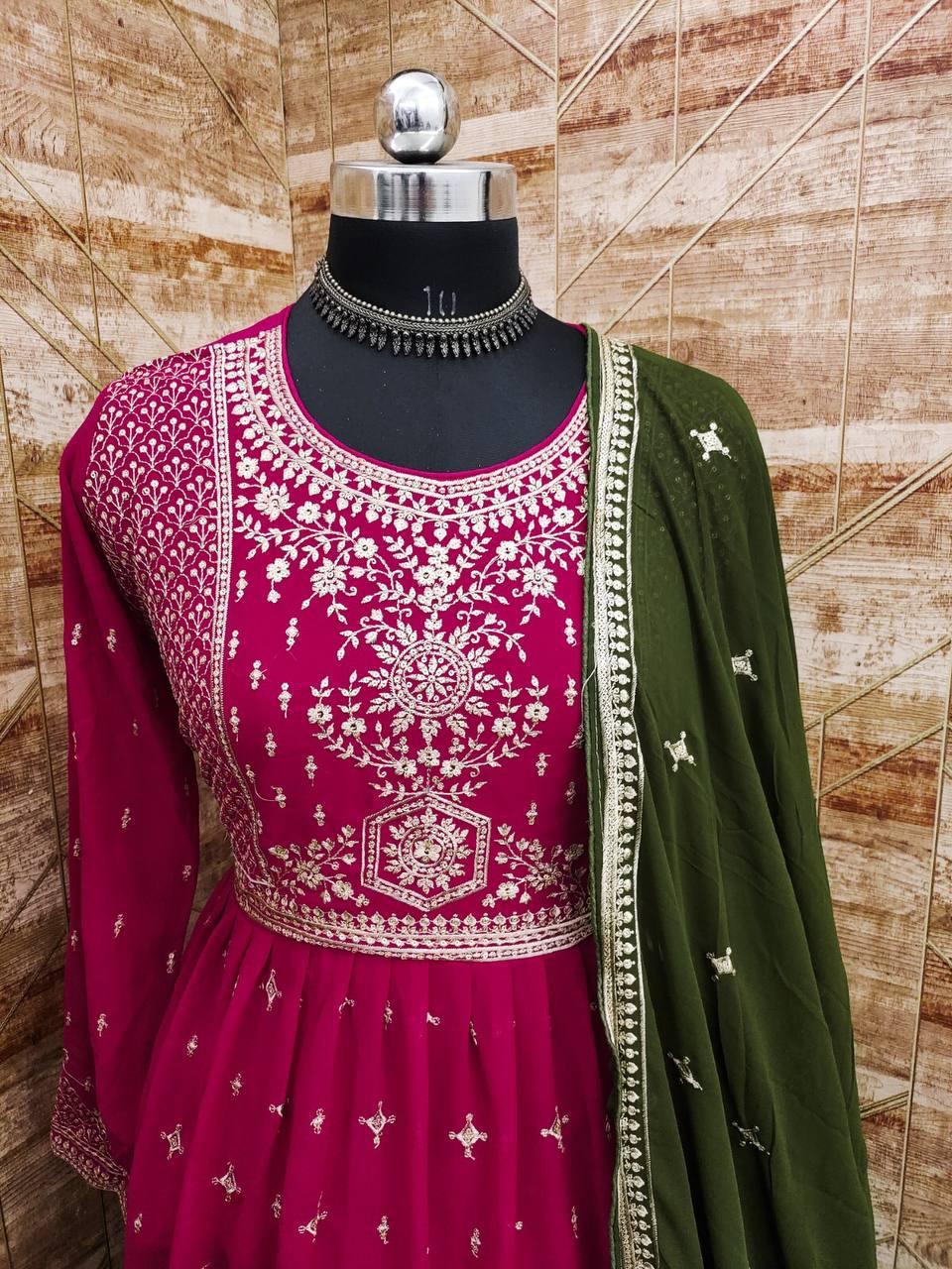 Pink And Olive Georgette Embroidery Anarkali With Dupatta Set - Indiakreations