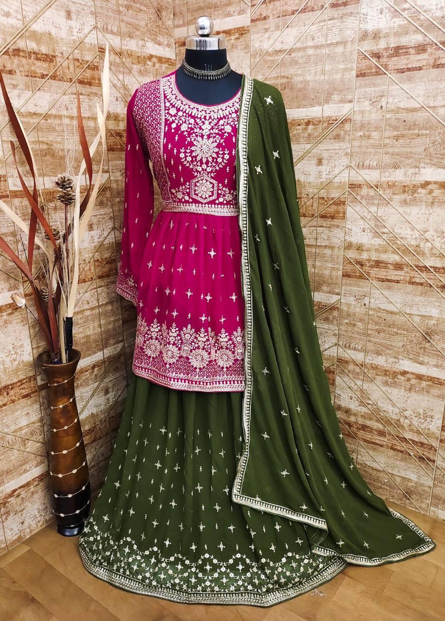 Pink And Olive Georgette Embroidery Anarkali With Dupatta Set - Indiakreations