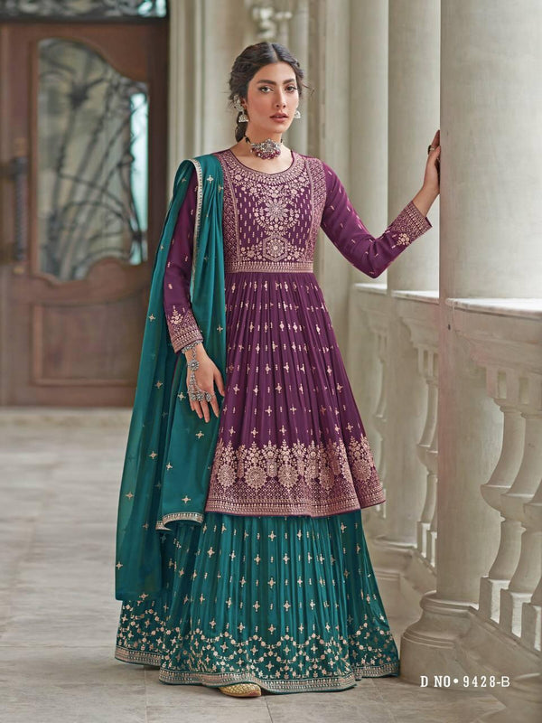 Violet And Teal Georgette Embroidery Anarkali With Dupatta Set - Indiakreations