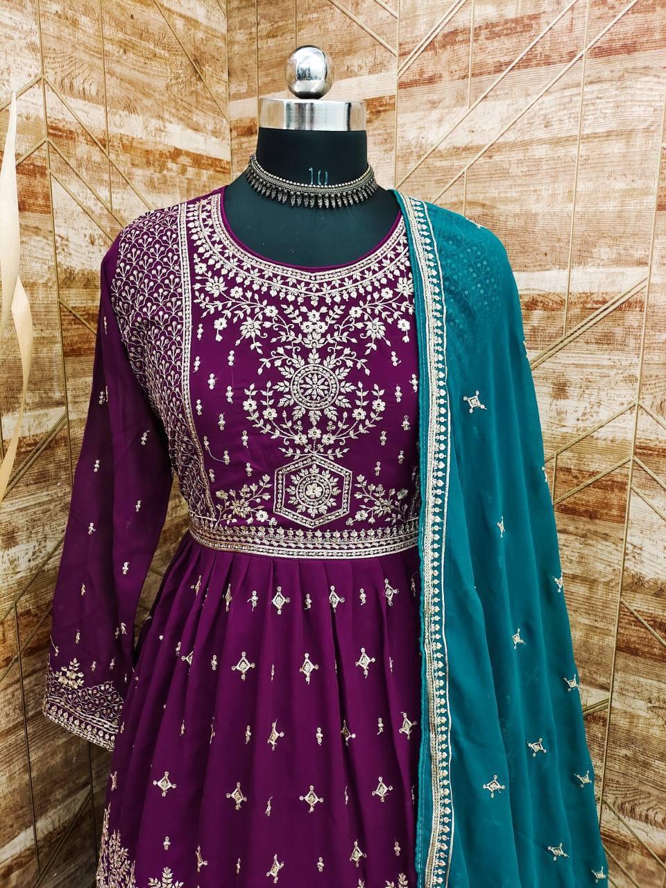 Violet And Teal Georgette Embroidery Anarkali With Dupatta Set - Indiakreations