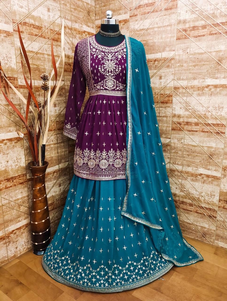 Violet And Teal Georgette Embroidery Anarkali With Dupatta Set - Indiakreations