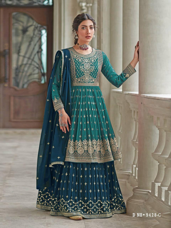 Teal And Blue Georgette Embroidery Anarkali With Dupatta Set - Indiakreations