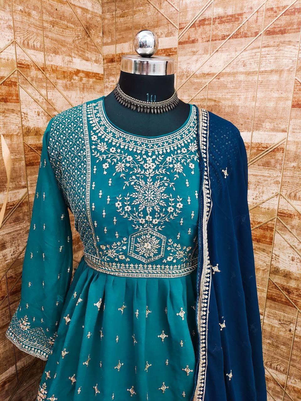 Teal And Blue Georgette Embroidery Anarkali With Dupatta Set - Indiakreations