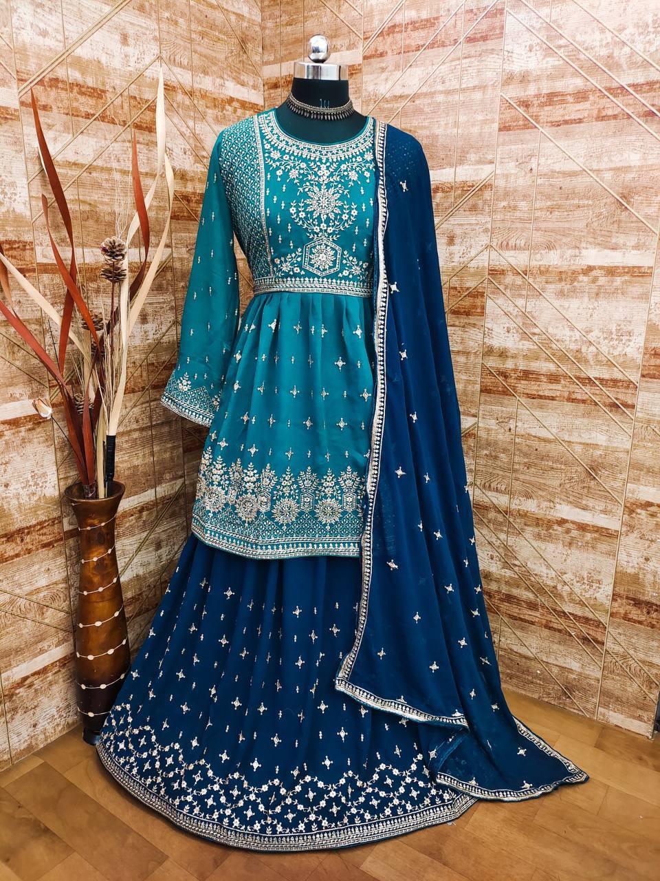 Teal And Blue Georgette Embroidery Anarkali With Dupatta Set - Indiakreations