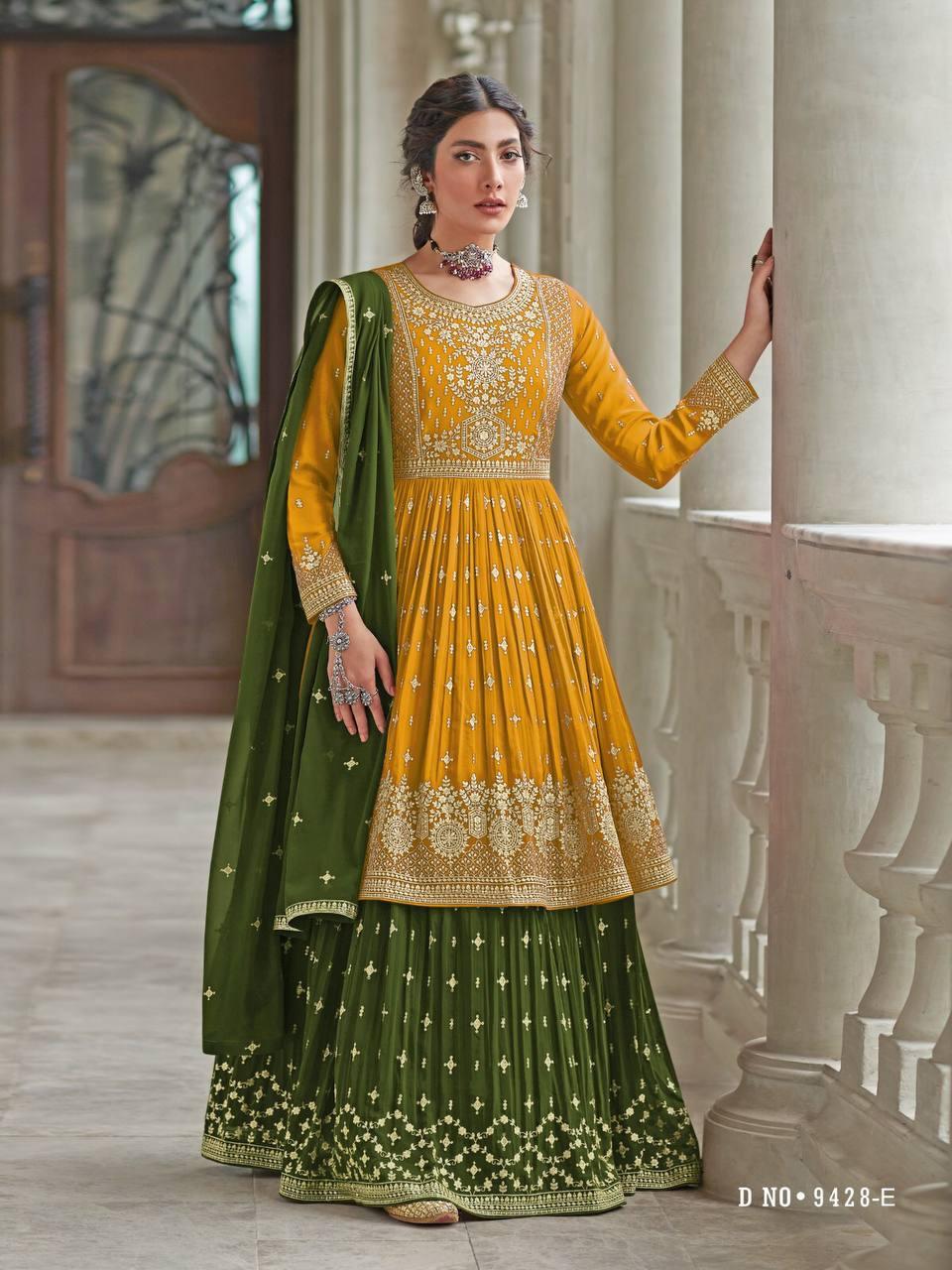 Yellow And Green Georgette Embroidery Anarkali With Dupatta Set - Indiakreations