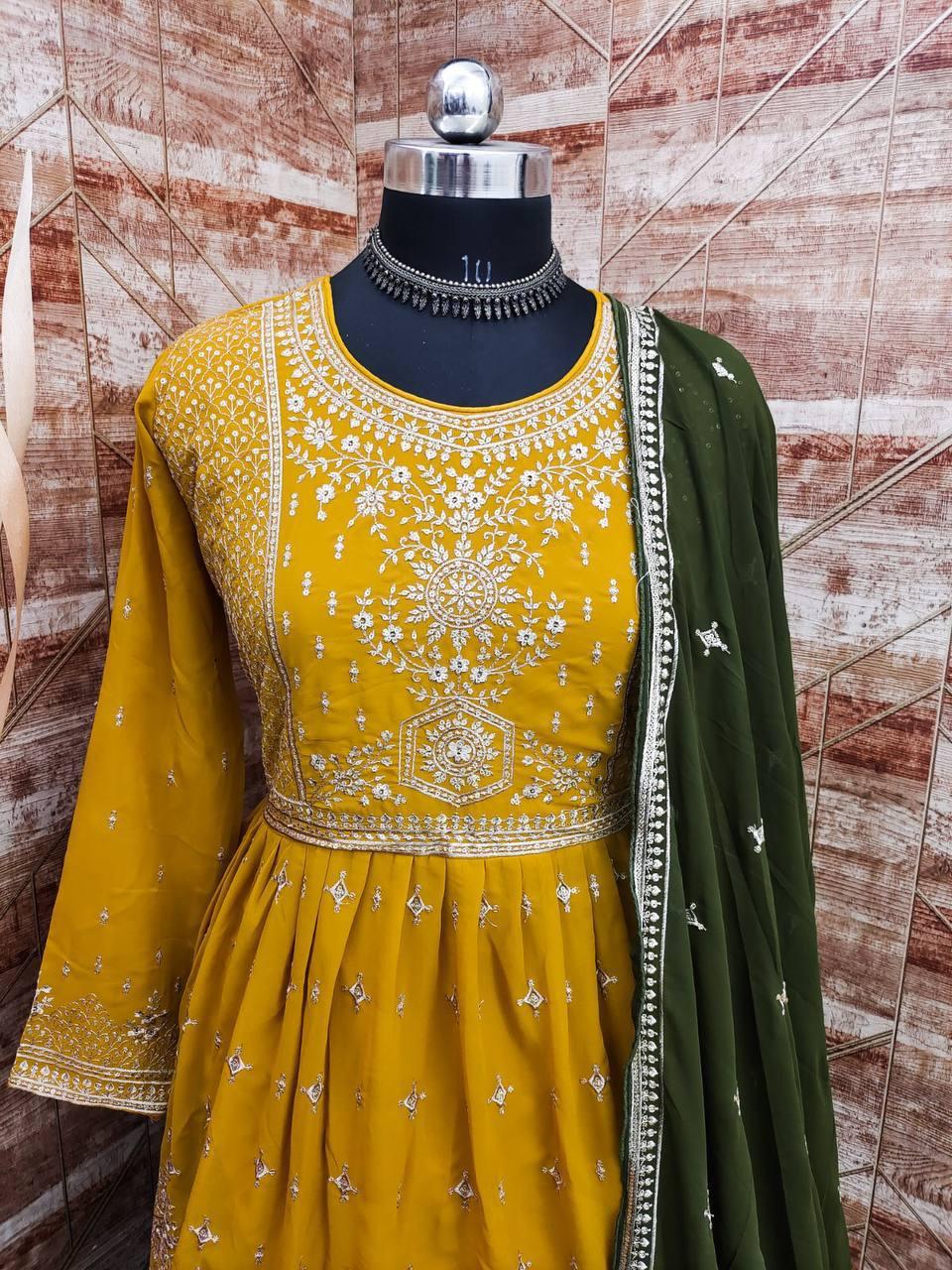 Yellow And Green Georgette Embroidery Anarkali With Dupatta Set - Indiakreations