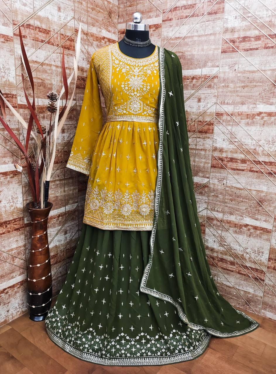 Yellow And Green Georgette Embroidery Anarkali With Dupatta Set - Indiakreations