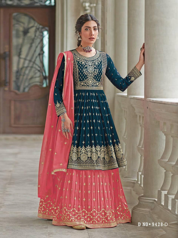 Blue And Salmon Georgette Embroidery Anarkali With Dupatta Set - Indiakreations