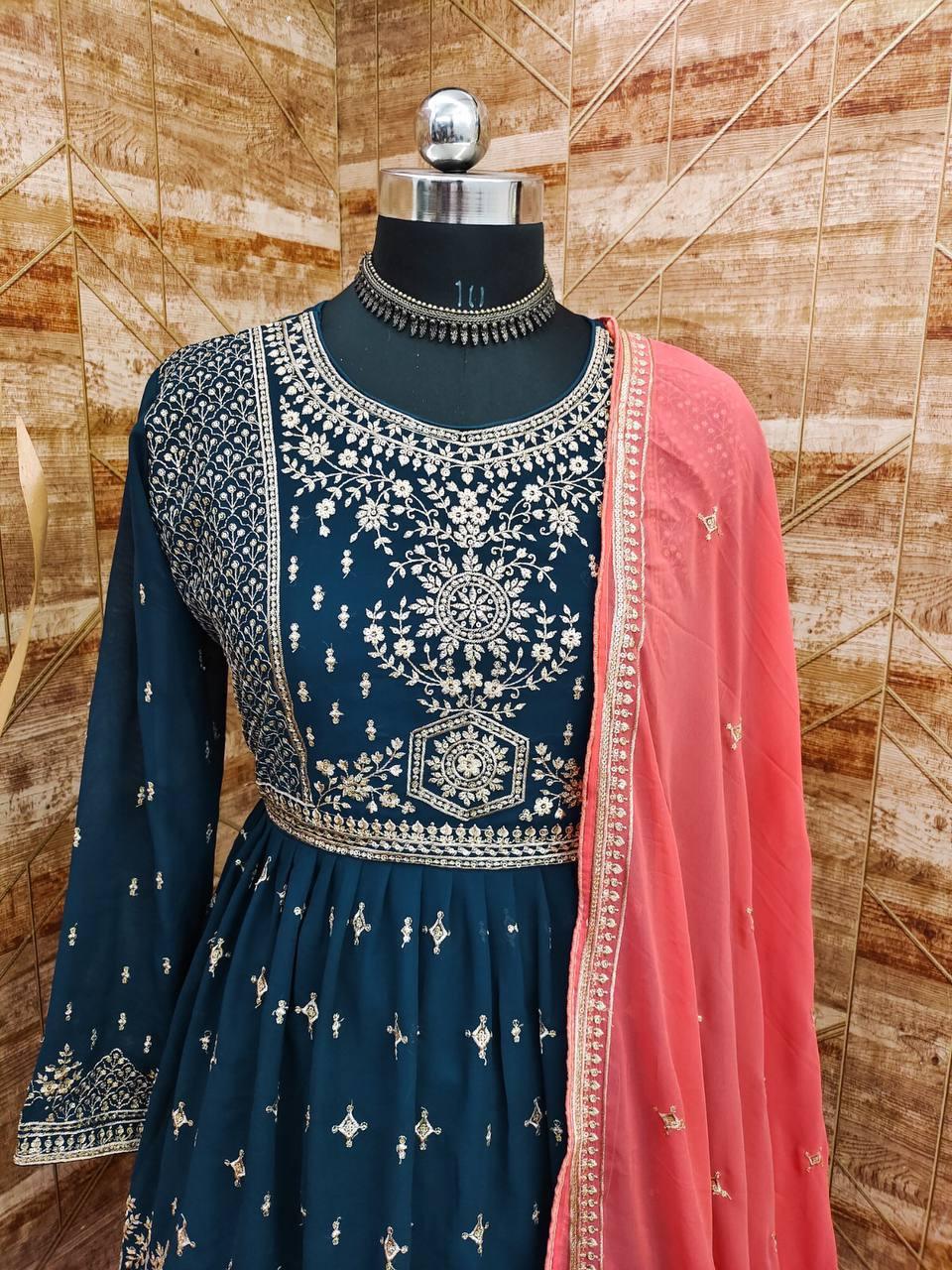 Blue And Salmon Georgette Embroidery Anarkali With Dupatta Set - Indiakreations