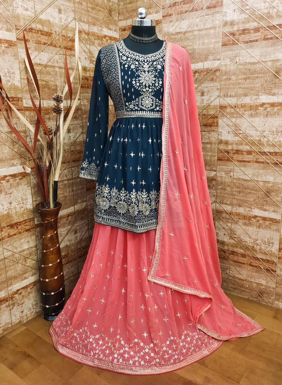 Blue And Salmon Georgette Embroidery Anarkali With Dupatta Set - Indiakreations